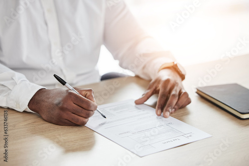 Closeup, business and man with a document, writing and insurance with a pen, planning and form. Zoom, person and professional with paperwork, contract or investment with a report, signing and hands