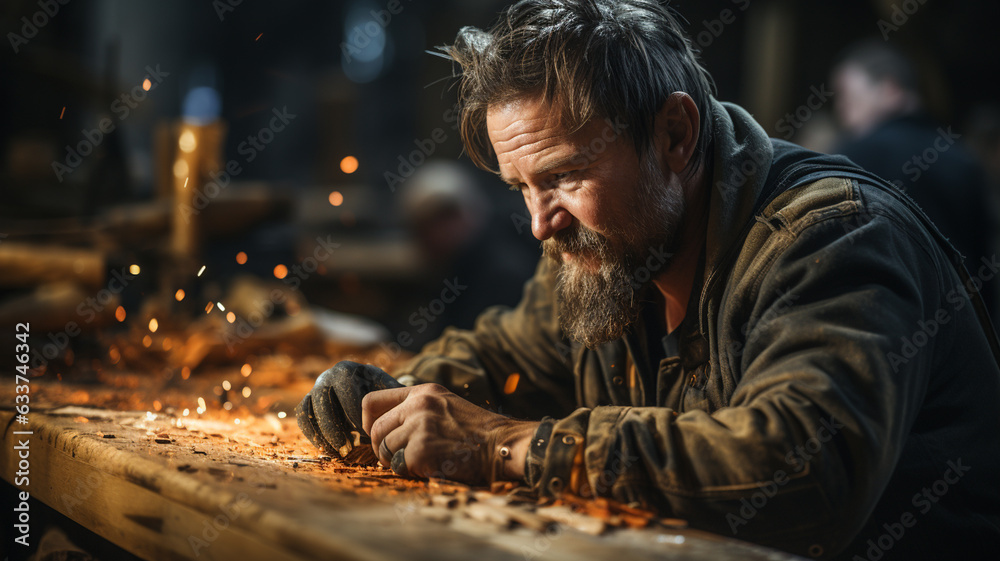 young handsome carpenter in a workshop.