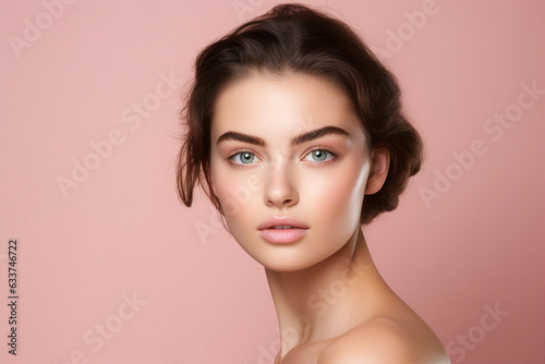 Fototapeta Generative IA picture of young girl natural beauty spa salon concept over pink p