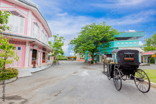 Nonthaburi, Thailand 14 May 2022: View of the colorful building at the Chomchei cafe village just outside the city center, Nonthaburi Province, Thailand. photo