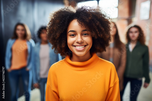 Generative AI picture of adorable pretty little girl smiling overjoyed portrait visit school firts september natural background photo