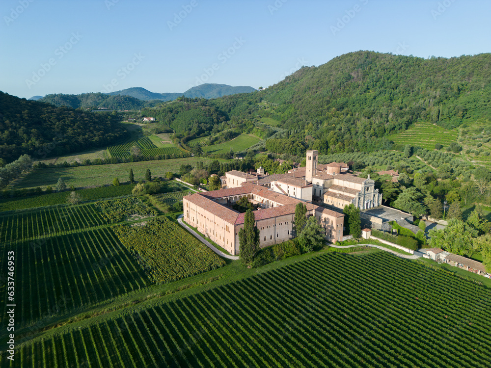 Aerial view of Benedictine monastery Abbazia di Praglia in Bresseo, Teolo by Padua in Italy as a Christianity, religion, and Catholicism concept Aerial view of Benedictine monastery Abbazia di Praglia in Bresseo, Teolo by Padua in Italy as a Christianity, religion, and Catholicism concept