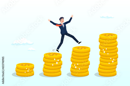 Happy businessman investor jumping on stack of growth compound money coins, compound interest, money growth investment, prosperity or earning and profitability stock (Vector)