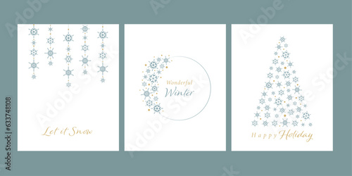 Winter holidays cards with snowflakes, illustrations and icons, lettering design collection