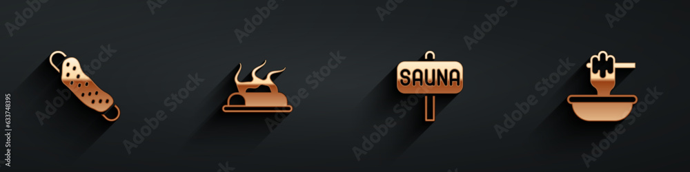 Set Washcloth, Campfire, Sauna and Honey dipper stick with bowl icon with long shadow. Vector Set Washcloth, Campfire, Sauna and Honey dipper stick with bowl icon with long shadow. Vector