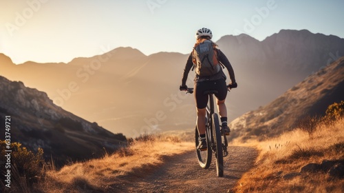 Young woman riding bicycle on beautiful mountain trail in morning  cyclist on sports bike  Generative AI
