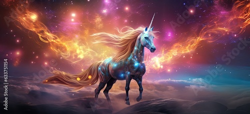 Magical unicorn galloping through fiery stars, a white equestrian fantasy in pastel sky. Concept of mythical creature and imagination.