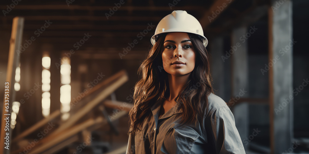 Beautiful young woman wearing a protective construction helmet in the background of a construction site. Creative wallpaper with woman builder. Beautiful young woman wearing a protective construction helmet in the background of a construction site. Creative wallpaper with woman builder.