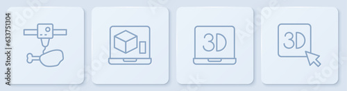 Set line 3D printer chicken leg, , and . White square button. Vector