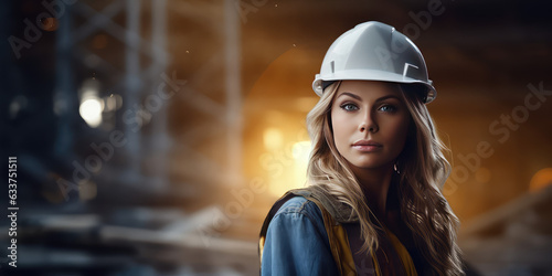Beautiful young woman wearing a protective construction helmet in the background of a construction site. Creative wallpaper with woman builder.