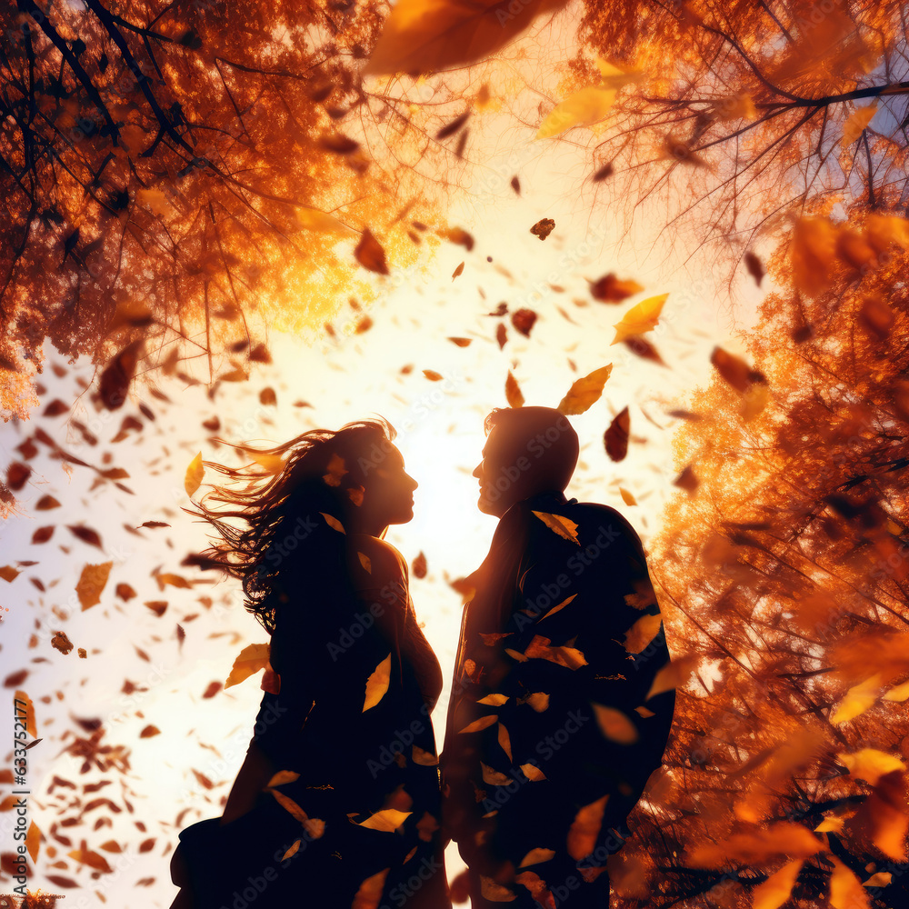 Silhouette of a couple in love against the background of falling autumn leaves