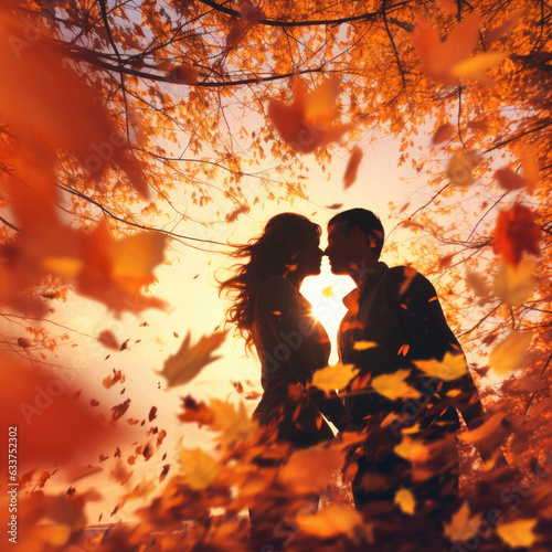 Silhouette of a couple in love against the background of falling autumn leaves