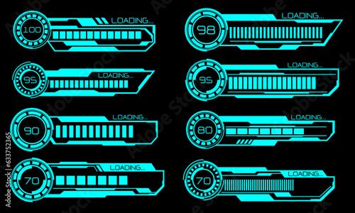 Set of HUD modern loading progress bars user interface elements design technology cyber blue on black futuristic vector