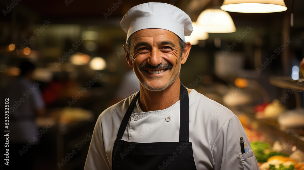Chef working diligently in a bustling hotel kitchen. Chef wearing a traditional white chef's uniform and cap. Wallpaper of catering and banquet service. Chef working diligently in a bustling hotel kitchen. Chef wearing a traditional white chef's uniform and cap. Wallpaper of catering and banquet service.