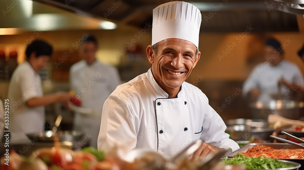 Chef working diligently in a bustling hotel kitchen. Chef wearing a traditional white chef's uniform and cap. Wallpaper of catering and banquet service. Chef working diligently in a bustling hotel kitchen. Chef wearing a traditional white chef's uniform and cap. Wallpaper of catering and banquet service.
