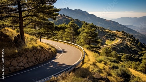 Mountain road. Landscape with rocks, sunny sky with clouds and beautiful asphalt road in the evening in summer. Highway in mountains, Generative AI illustration