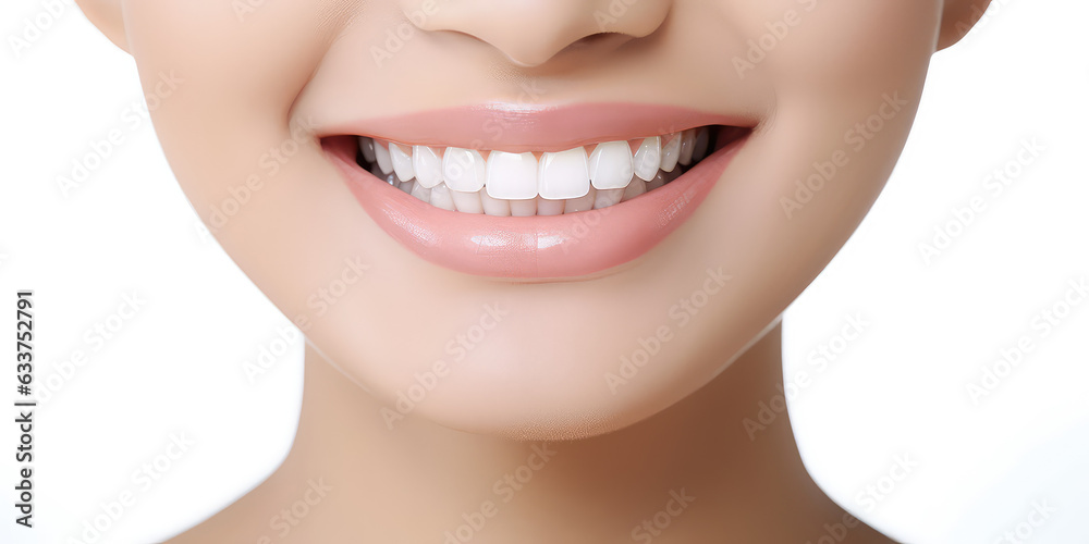Obraz premium Close-up of woman's smile with white bleached teeth isolated on flat light background with copy space. Professional teeth whitening.