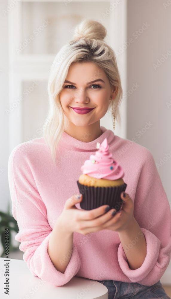 Woman ready to eat delicious cupcake with frosting. Generative AI illustrations Woman ready to eat delicious cupcake with frosting. Generative AI illustrations