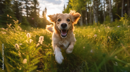 Playful and energetic Golden Retriever bounding through a summer sunny field of tall green grass. Creative wallpaper for the dog shelter of a charity organization.