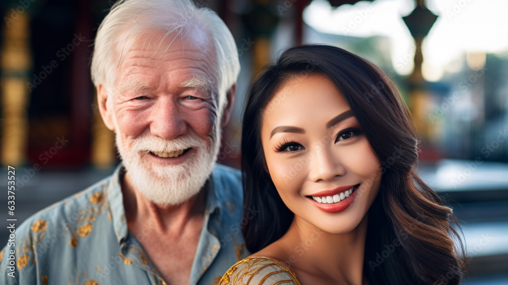 an old man, old retirement age, caucasian, with his girlfriend or wife, an asaitin, stands in front of a temple, love with age difference, fictitious place an old man, old retirement age, caucasian, with his girlfriend or wife, an asaitin, stands in front of a temple, love with age difference, fictitious place