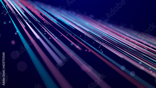 Abstract glitter particles in dark space. Network data transfer concept. 3D rendering.