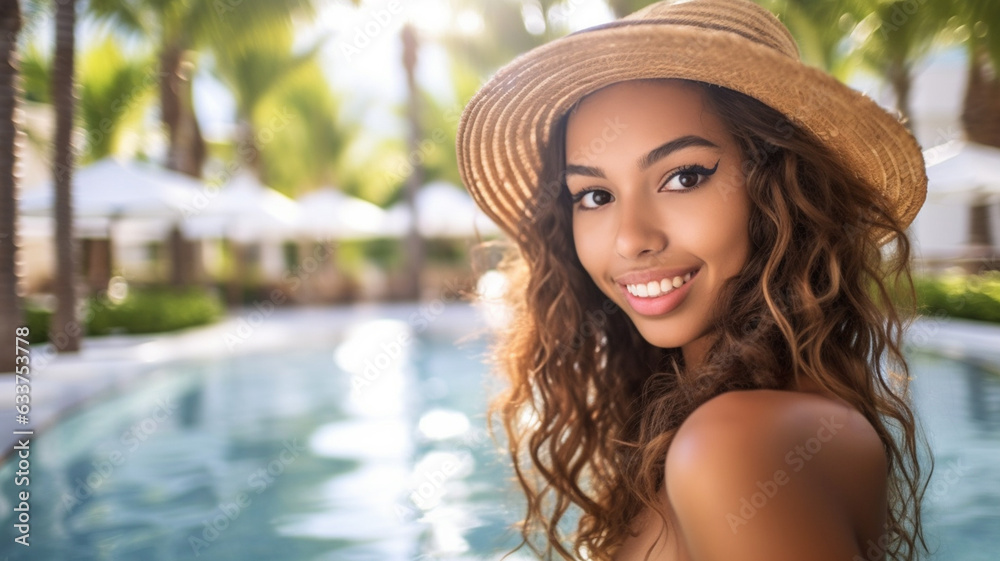 young adult hispanic woman sitting on pool edge of swimming pool and splashing in water, multi-ethnic tanned skin color, tropical island, hotel villa or resort or beach club, palm trees and sunny day