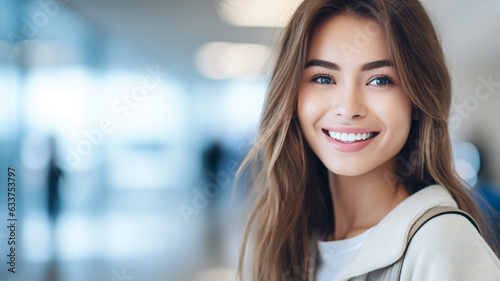 young adult caucasian woman, student or working in office or traveling in airport, fictional place, brunette, smiling happy, on the road in everyday life, afternoon
