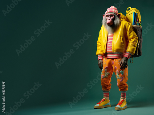 A funny and sarcastic animal concept, a monkey dressed as a street hipster starts school in September. Abstract non-standard education for monkeys. photo