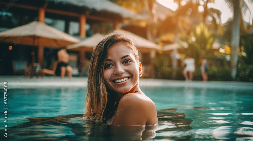 young adult woman swims in water swimming pool, female tourist in tropical hotel, luxury villa or resort or hotel, good mood smile, caucasian, 20s, fictional place