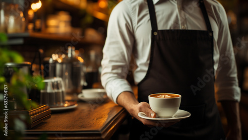 Cafe waitress brings a cup of coffee.