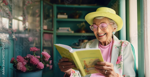 An elegant elderly lady enjoys her free time reading. A modern grandmother reads books and educates herself, because it is never too late to acquire new knowledge.