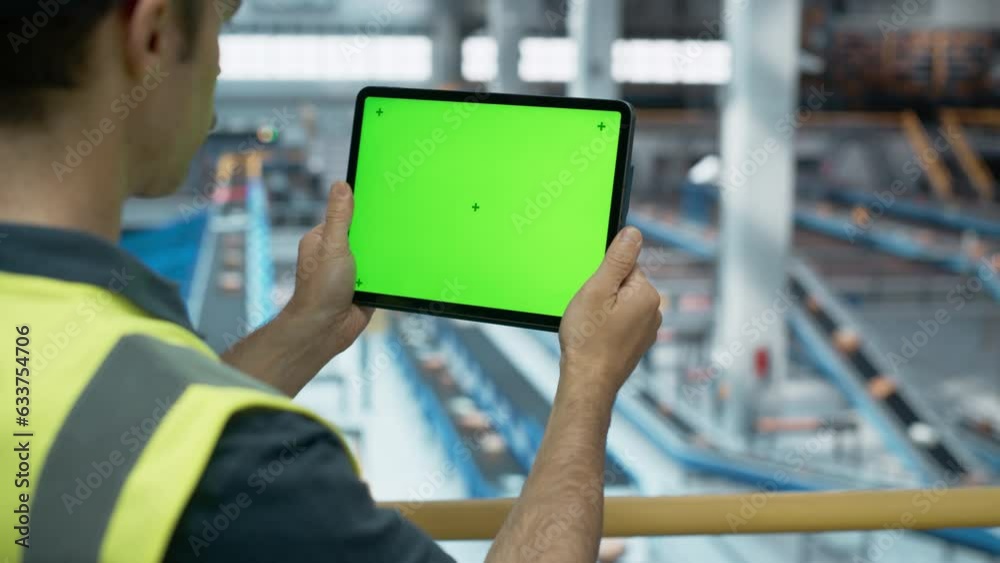 Male Employee Working at Modern Logistics Center With Conveyor Belt. International Online Shopping Business Facility. Caucasian Man Using Tablet Computer with a Green Screen Chromakey Mock Up Display.