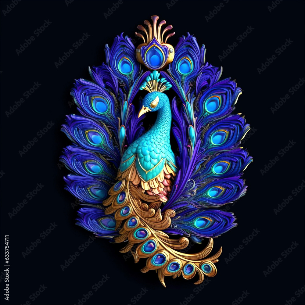 Obraz premium 3D rendered blue and golden peacock wall sculpture - ai generative