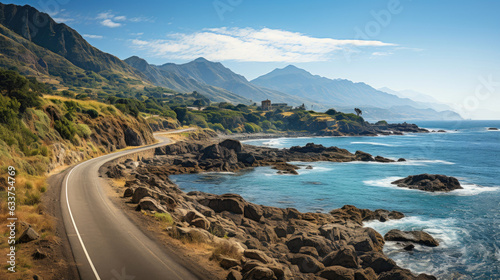 An empty road hugging the coastline, offering unobstructed views of the vast sea with its gentle waves and the horizon blending seamlessly with the sky. Generative AI