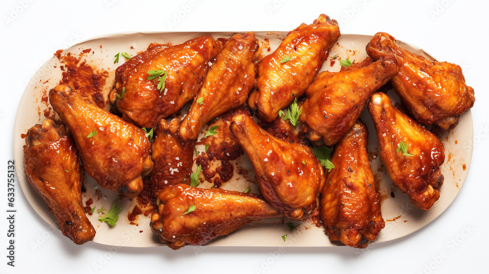 Grilled sticky chicken wings on white background. Buffalo chicken wings with sauce. Top view