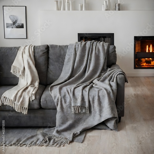 interior gray sofa near the fireplace, ai generation © Denis