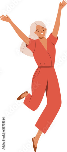 Happy woman dancing, jumping, waving.  Vector illustration.