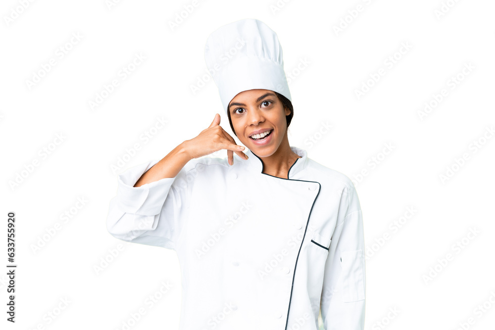 Young African American chef over isolated chroma key background making phone gesture. Call me back sign Young African American chef over isolated chroma key background making phone gesture. Call me back sign