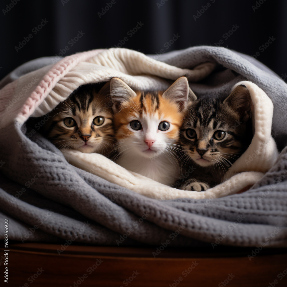 A group of adorable kittens cuddled up together in a cozy blanket fort A group of adorable kittens cuddled up together in a cozy blanket fort