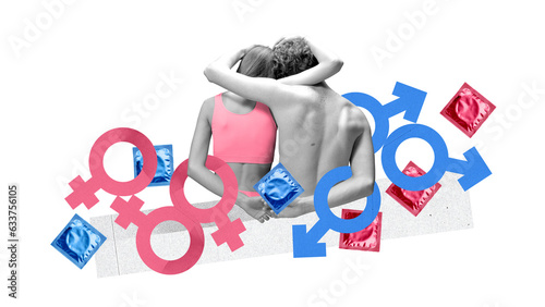 Man and woman, young couple hugging over white background with gender signs and condoms. Safety. Contemporary art collage. Concept of world sexual health day, relationship, awareness. Poster, ad photo