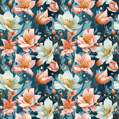 Seamless pattern with vintage pastel flowers. Floral background for cosmetics, perfume, beauty products. Can be used for greeting card, wedding invitation, craft paper, wrapping.