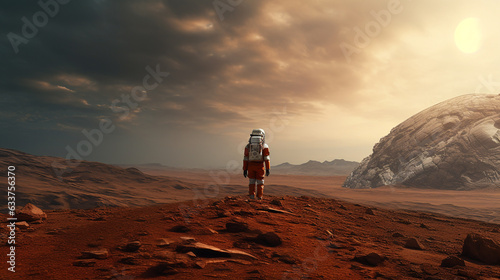 Astronaut sitting on Mars and admiring the scenery. Exploring Mission To Mars. Futuristic Colonization and Space Exploration Concept. 3d rendering.