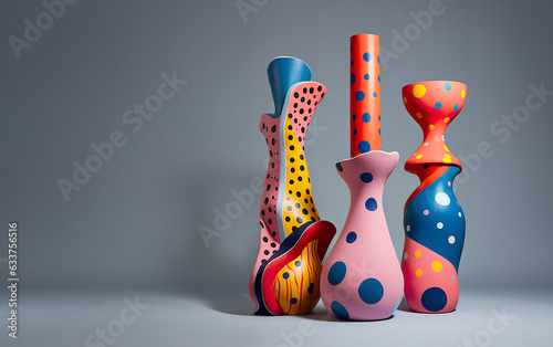 Colorful unique home decoration  vases for flowers in different colors and prints. Gray background.