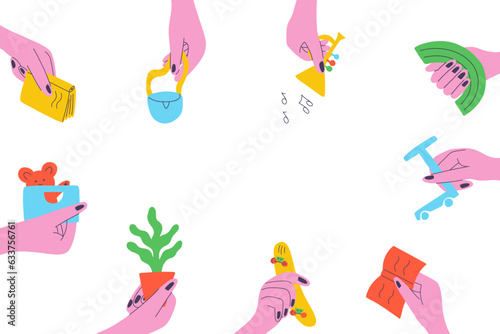 Toys and things exchange landing page template or sharing banner. People in hand to hold things for exchange. Concept of swapping event, eco day. Vector for poster, banner, background, flyer.