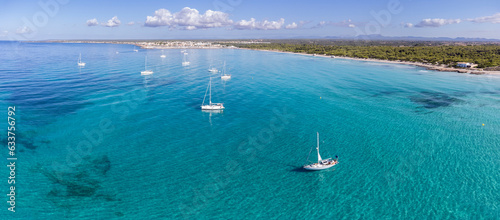 yachts at anchor  Ses Covetes beach  Campos municipality  Majorca  Balearic Islands  Spain