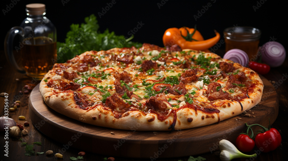 tasty pizza with seafood and vegetables on table