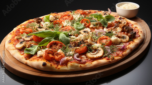 tasty pizza with seafood and vegetables on table