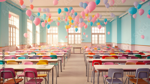 A pastel school classroom full of colorful balloons to welcome children back to school. It's September, children go to school to learn and socialize.
