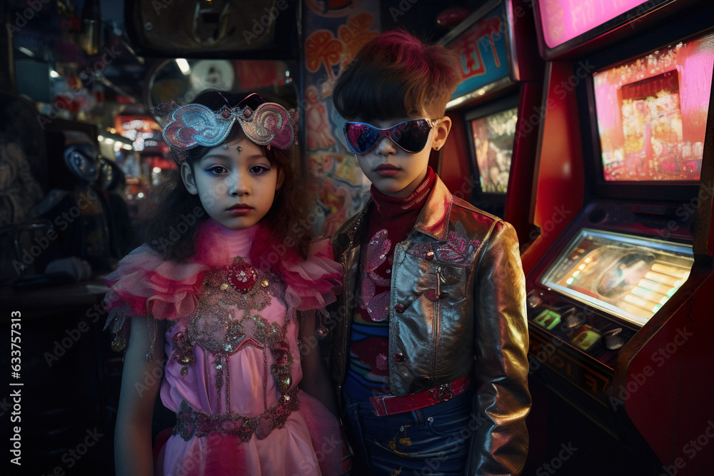 Futuristic cyberpunk arcade with machines where are young people, teenagers in eccentric costumes, the youth of the technological future know how to have fun. Futuristic cyberpunk arcade with machines where are young people, teenagers in eccentric costumes, the youth of the technological future know how to have fun.