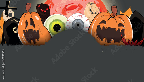 Holiday Halloween banner, pattern, greeting, invitation, card, template, background, poster, cover. cartoon characters pumpkin jack o lantern, skeleton, graves, blood moon, body parts, eyeballs